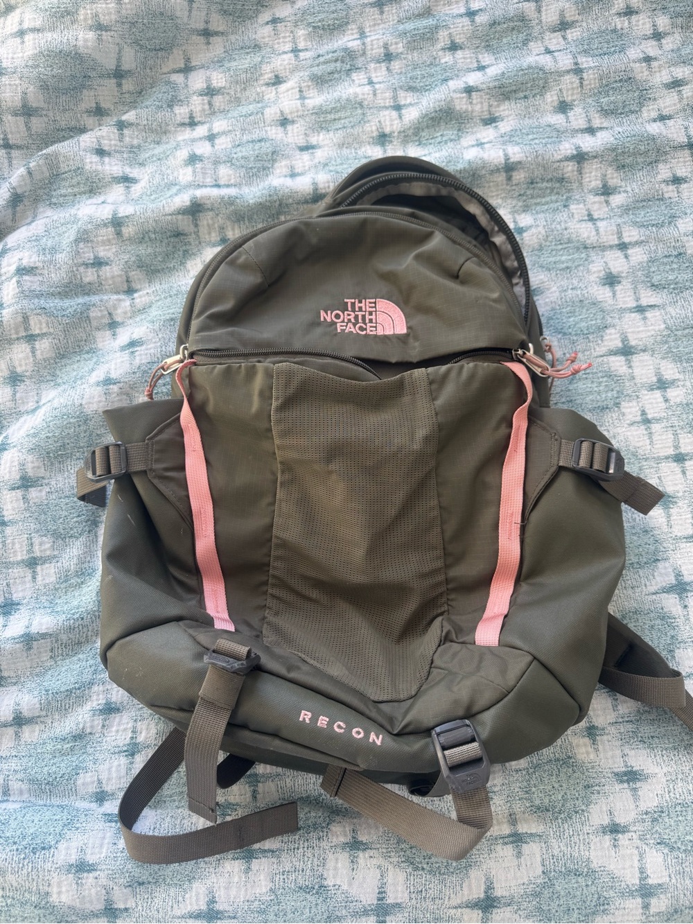 The North Face Recon Backpack - Olive Green with Pink Accents